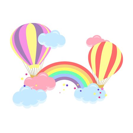 Cartoon background - fairytale rainbow with balloons and beautiful cloudsのイラスト素材