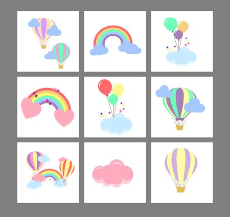 Vector set of children's stylish vector illustrations for baby cards. Balloons, clouds and rainbows flat vector design.のイラスト素材
