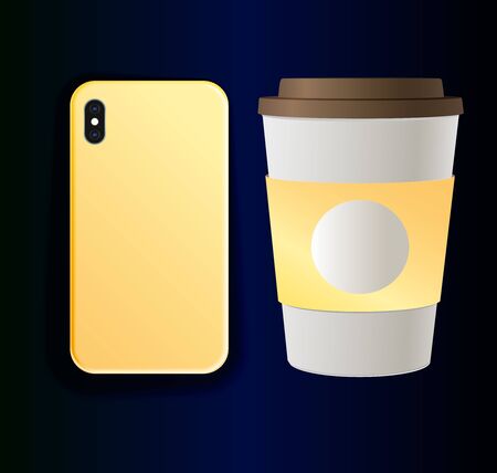 Vector mock up smartphone case and coffee cup - trending branding yellow printのイラスト素材