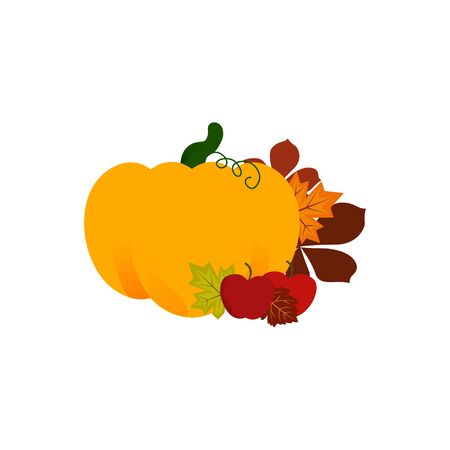 Flat design vector icon - harvest. Ripe pumpkin and juicy raccine apple with autumn leaves. Thanksgiving Day Idea Vector Illustrationのイラスト素材