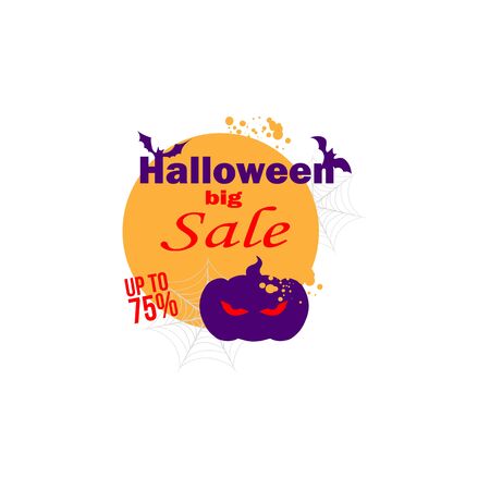 Happy halloween day, vector logo. Stylish mock up flat design Halloween sale discounts. Pumpkin Jack - The traditional symbol of Halloween and bats. Sale up to 75%のイラスト素材