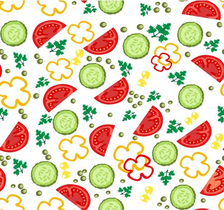 Vegetable pattern - vector illustration. Set of slice vegetables for salad. Ripe slices of tomato and cucumber with juicy sweet pepper and peas and corn with greens. A healthy balanced diet. Vegetarian menu. salad ingredientsのイラスト素材