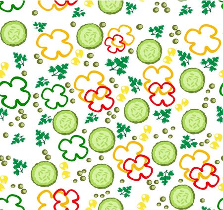 Vegetable pattern - vector illustration. Set of slice vegetables for salad. Juicy and ripe vegetables. Healthy food - vegetarian menu. Delicious greens, corn seeds and bell peppers. Slice cucumbersのイラスト素材