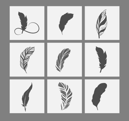A large set of feathers for writing. Happy Writer Day, community of writers. Vintage feather flat vector iconのイラスト素材