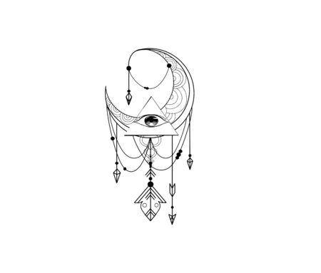 Vector sketch of a tattoo with an all-seeing eye and a decorative pattern and the moonのイラスト素材