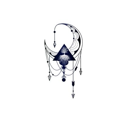 Stylish free hand tattoo sketch - decorative mandala ornament with moon and tree of life. Detailed vector illustration with arrows and doodle style. Tree of Life Mascotのイラスト素材