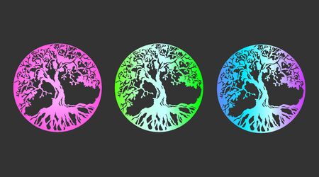 Big set vector tree of life with bright neon gradient printsのイラスト素材