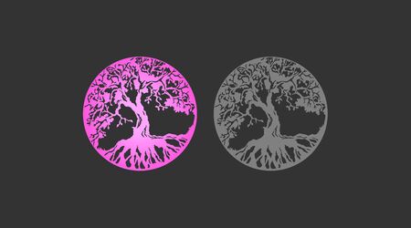 Beautiful set of the tree of life pink gradient and gray silhouette of a tree with roots set. Amulet, preserved the old tree of liのイラスト素材