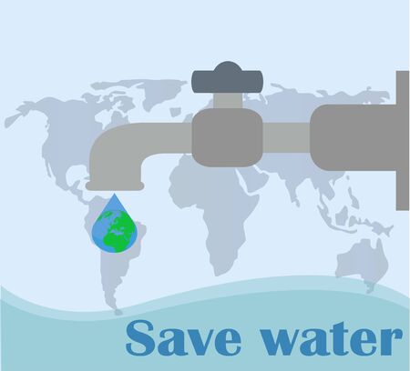 Water tap with water drops flat vector illustration. World Water Day save the planet - vector poster Water drop with an earth globe - vector iconのイラスト素材