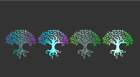 Vector collection of stylish neon tree of life silhouettes on a gray backgroundのイラスト素材