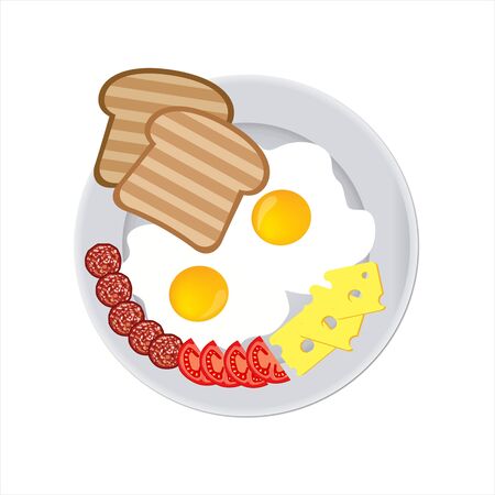 Fried eggs with toast, soft cheese, tomatoes and sausage on a plate isolatedのイラスト素材