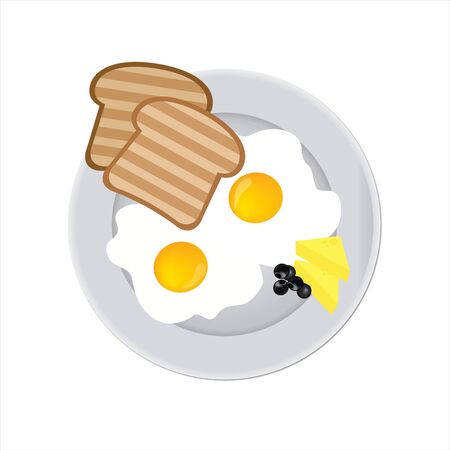 Tasty and nutritious breakfast - two fried eggs with cream cheese, toast and olives on a plate. Closeup isolated.のイラスト素材
