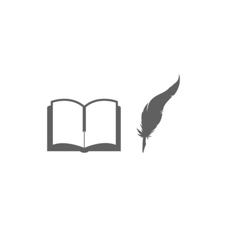 Old vintage open book and ink pen flat vector. Isolated illustration. Beautiful feather silhouetteのイラスト素材