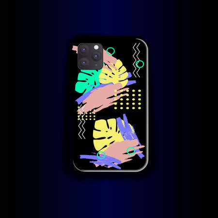 Creative print cover design - geometry style and opic exotic leaves. Mock up smartphone case.の写真素材