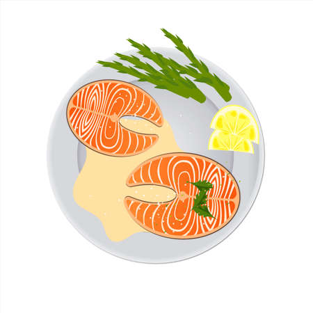 Aromatic salmon steaks with lemon wedges and delicious asparagus on a plate. Healthy food conceptのイラスト素材
