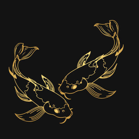Set of Koi carp japanese symbol of luck fortune prosperity red and black dotted koi carp cartoon flat vector illustration isolated on black backgroundのイラスト素材