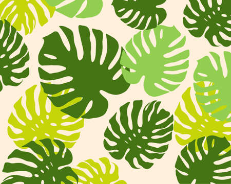 Seamless hand drawn tropical pattern with monstera leaves on peach background. Markers drawingの写真素材