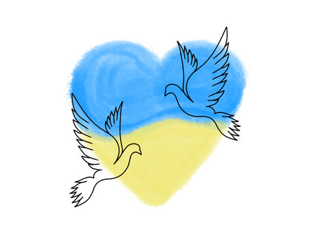 Love Ukraine, heart emblem of watercolor national flag colors. Flag of Ukraine with doves. world peaceの写真素材