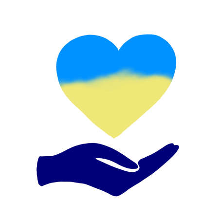 the hand supports the ukrainian flag in the shape of a heart, the concept of peace in ukraine, pray for ukraine. yellow-blue flag of ukraine. No warの写真素材