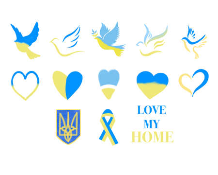 big set of ukrainian national symbols. Love Ukraine, emblems of national flag colored. Flag of Ukraine with heart shapeの写真素材