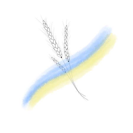 Spikelet of wheat and yellow-blue flag of Ukraine. watercolor design national symbols. let's pray for Ukraine - stop the war in Ukraineの写真素材