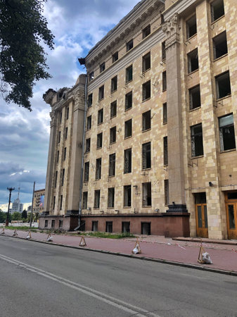 23.06.2022 Ukraine, Kharkov. war in Ukraine. The destroyed building of the Kharkiv Regional Council as a result of Russian air strikes. War of Russia against Ukraine.のeditorial素材