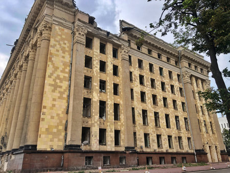 23.06.2022 Ukraine, Kharkov. war in Ukraine. The destroyed building of the Kharkiv Regional Council as a result of Russian air strikes. War of Russia against Ukraine.のeditorial素材
