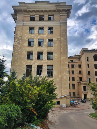 23.06.2022 Ukraine, Kharkov. war in Ukraine. The destroyed building of the Kharkiv Regional Council as a result of Russian air strikes. War of Russia against Ukraine.のeditorial素材