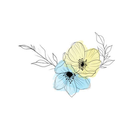 Beautiful sketch of a tattoo a delicate twig with flowers . Flowers Periwinkle. Hand drawing. beautiful idea of ââa patriotic tattoo with the colors of the flag of Ukraineの写真素材