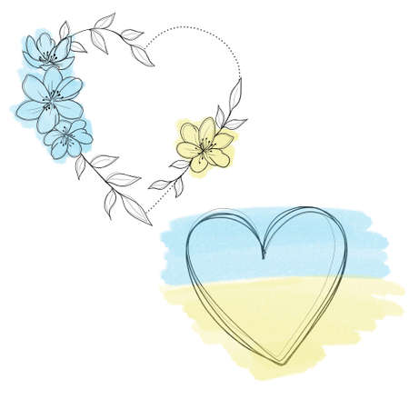 a set of sketches for a patriotic tattoo: flowers and hearts from the colors of the flag of ukraine . Flowers Periwinkle. Hand drawing.の写真素材