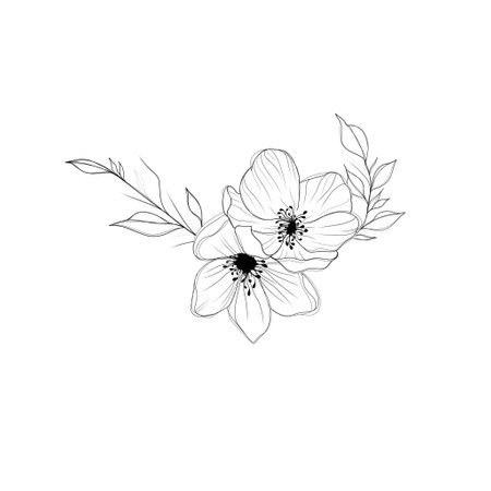 Beautiful sketch of a tattoo - a delicate twig with flowers . Flowers Periwinkle. Hand drawing. Outline. On a white backgroundの写真素材