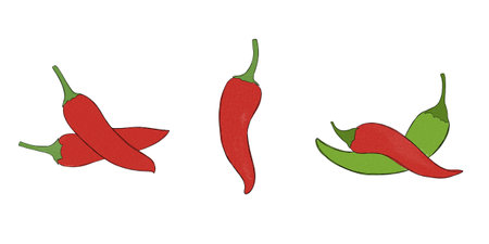set of hot chili peppers watercolor freehand drawingの写真素材
