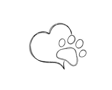Dog footprints line art print. Dog's paw in the heart - love for a pet . Paw doodle illustrationの写真素材