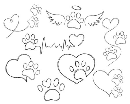 Big set line art illustration pet care, dog footprint. Dog paw tattoo idea, dog footprintの写真素材