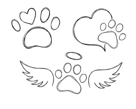 Big set line art illustration pet care, dog footprint. Dog paw tattoo idea, dog footprintの写真素材
