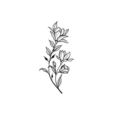 Beautiful sketch of a tattoo - a delicate twig with flowers . Flowers Periwinkle. Hand drawing. Outline. On a white backgroundの写真素材