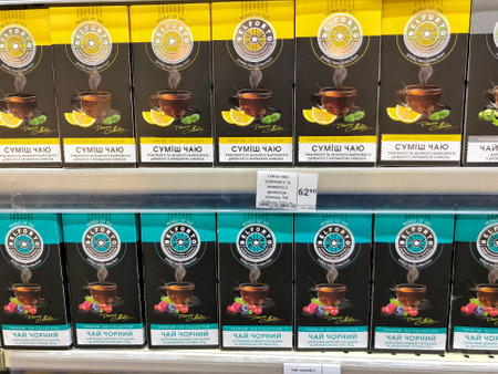 02.05.2023 Ukraine, Kharkiv, a shelf in a supermarket with tea.のeditorial素材