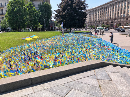 29.05.2023, Ukraine, Kyiv: 'Flags of the fallen" Lots national flags of Ukraine with names of killed soldiers in war against russian aggressors 2022 on Khreshchatyk street.のeditorial素材