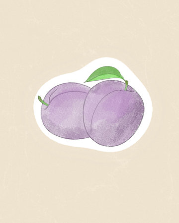 Purple plum Cartoon funny sticker in comic style with contour. Decoration for greeting cards, posters and prints for clothes, flyers, emblems.の写真素材