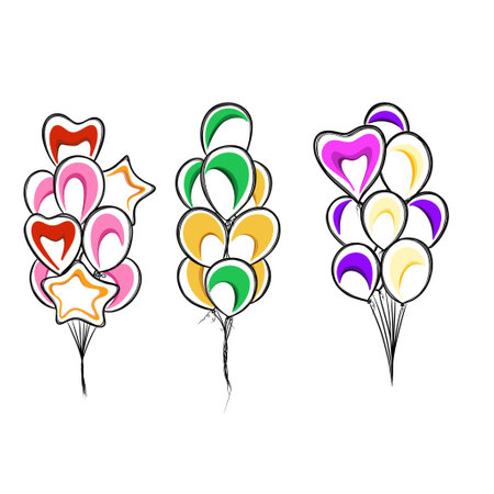 Large set of sketches of a bunch with balloons. Bunch of colored balloons for birthday party, freehand templateの写真素材