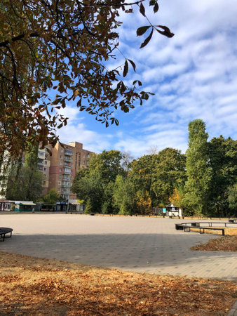 Park in the center of the city in autumn, Ukraineの写真素材