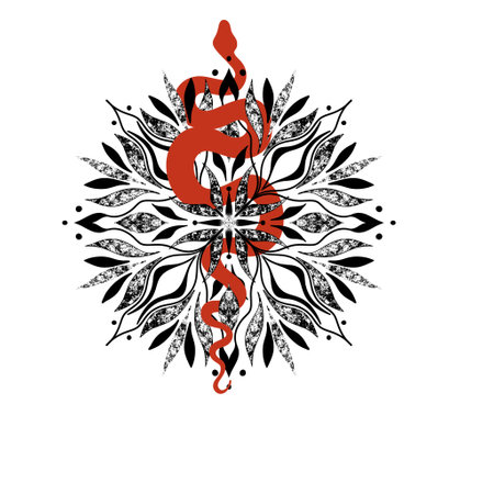 Tattoo snake. Traditional red snake and mandala ink. Isolated illustration. Traditional Tattoo Old School Tattooing Style Ink. Snake silhouette illustration.の写真素材