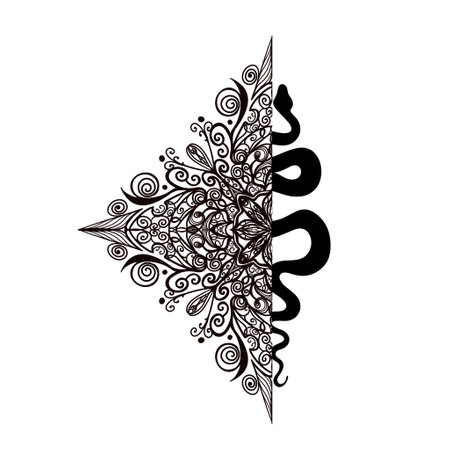 Tattoo snake. Traditional black snake and mandala ink. Isolated illustration. Traditional Tattoo Old School Tattooing Style Ink. Snake silhouette illustration.の写真素材