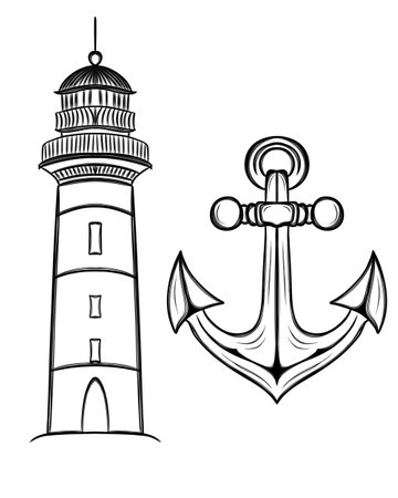 lighthouse and anchor line art design on white background, sea stickers templateの写真素材