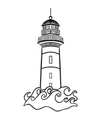 Line Art Free Hand Lighthouse and the sea waveの写真素材