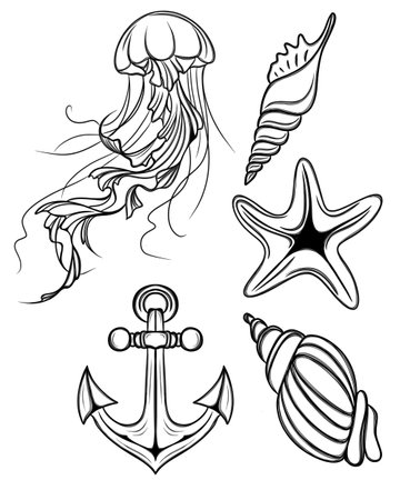 Large set of beautiful marine stickers - detailed Line Art design. templates for printing stickers and textilesの写真素材