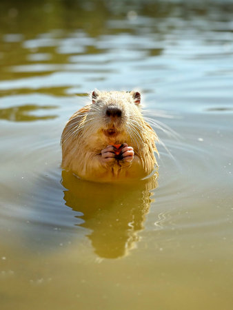 A cute nutria with golden fur sits in the water and eats a fresh carrot. Close-up wildlife photo of...