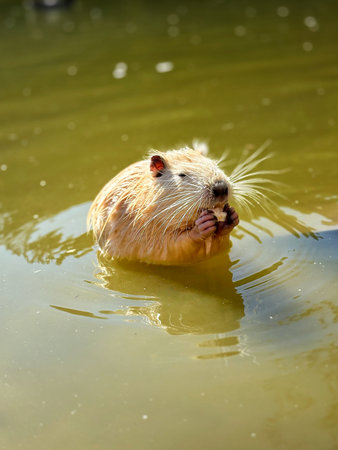 Nutria in the water eating a vegetable. Close-up of a semi-aquatic wild rodent with golden fur, holding food in its paws in a natural environment.の写真素材