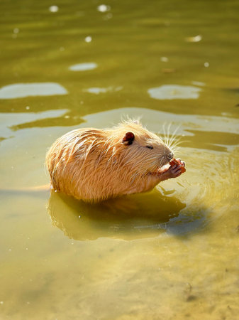 Nutria with golden fur eating in the water at the Kharkiv nature reserve. Wildlife photo of a semi-aquatic rodent in its natural habitat.の写真素材