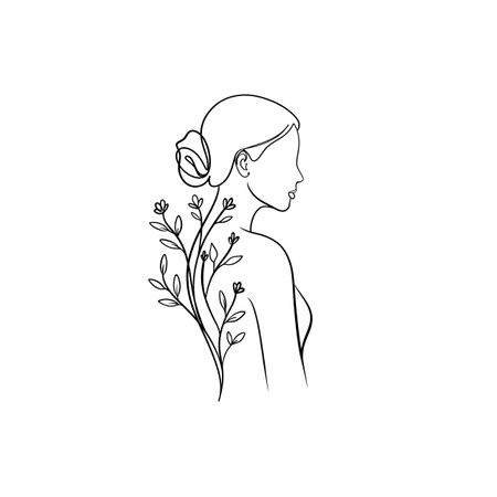 Minimalistic line art raster illustration of a woman in profile with botanical elements, featuring elegant feminine outlines and modern continuous-line style.の写真素材